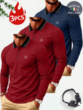 3pcs Men's Long-Sleeve Polo Shirt Set, Golf Business Casual Sport Lapel Top, Multiple Colors Available, Spring/Autumn Base Layer, Solid Color Simple Style, Breathable, Wrinkle-Resistant, and Easy-Care Top - Wine Red-Wine Red-Navy Blue