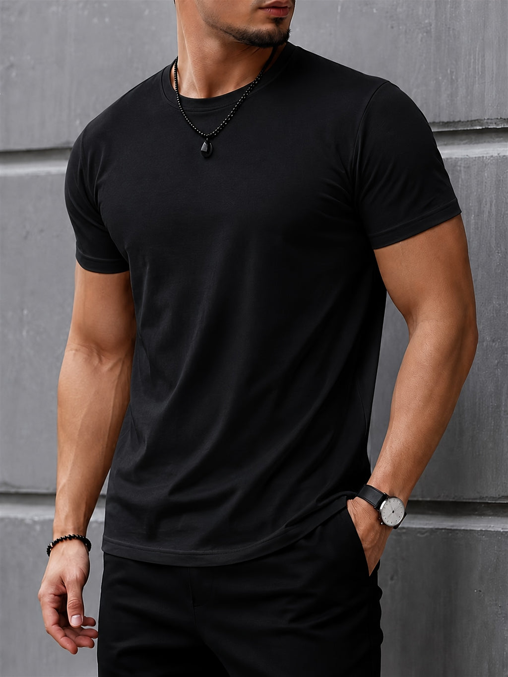 2pcs Men'S Round Neck Short Sleeve Top Set, Round Neck Solid Basic Style Multi-Piece Set, Soft -Like Fabric, Easy And Timeless, Easy to Match, Daily Replacement And Base Layer Short Sleeve Top, Suitable for Commuting, Casual And Home Wear - Black+black