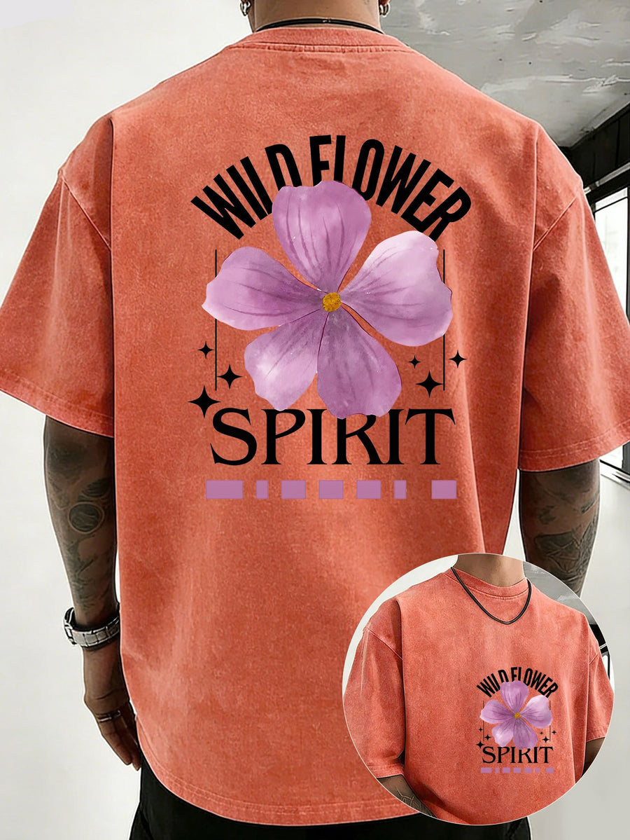 Mid-Summer Vacation Style Unisex T-Shirt, Pure Washed Distressed, Double-Sided Print, Breathable And Sweat-Absorbent, Loose Fit Outdoor Hiking Sports Trendy Casual Short Sleeve, Sweat-Resistant - Orange