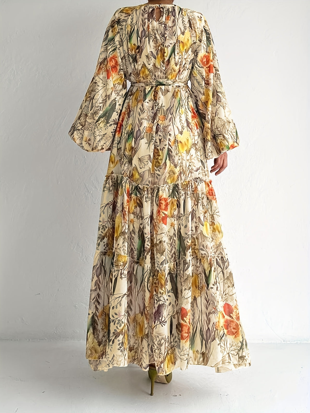 Middle Eastern Muslim Fashion Floral Print Long Dress - ginger-colored
