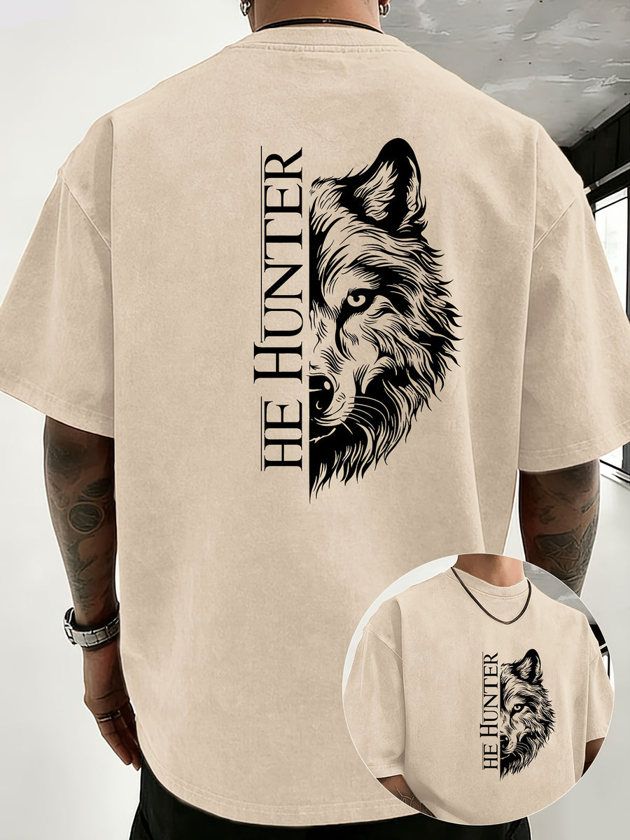 Vintage Washed Loose Double-Faced Print T-Shirt with Letter Pattern, Unisex Classic Basic Style, Soft And Durable Short Sleeve, Suitable for Students And Office Workers - Light Beige