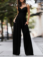 New Summer Streetwear Daily Wear Style Camisole V-Neck Pleated Jumpsuit for Women - Black