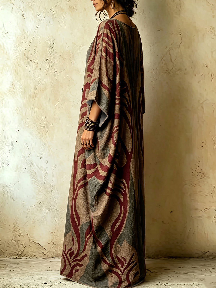 Exotic Vintage Tribal Print Oversized Kaftan Dress, Lazy Travel Photoshoot Vacation Cover-Up Long Caftan Robe - Multicolor
