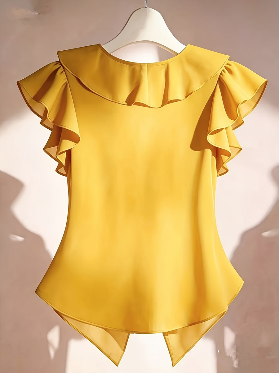 Summer French Solid Ruffled Fly Short Sleeve Shirt Chiffon Top Women'S - Yellow