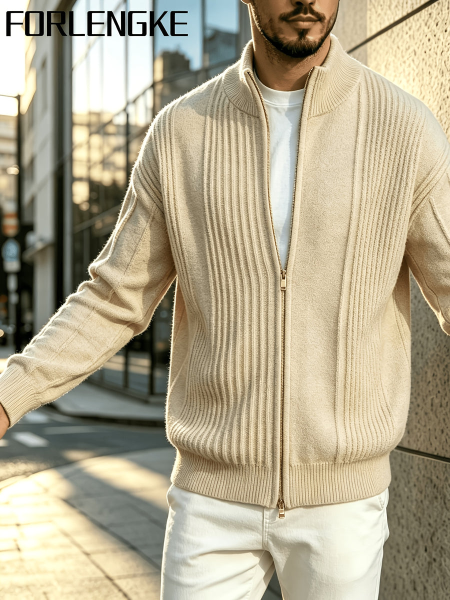 FORLENGKE Men'S Business Casual Stand Collar Full Zip Vertical Ribbed Knit Cardigan, Soft Thick Loose Long Sleeve Sweater Jacket for Fall Winter Office Daily Wear - Apricot