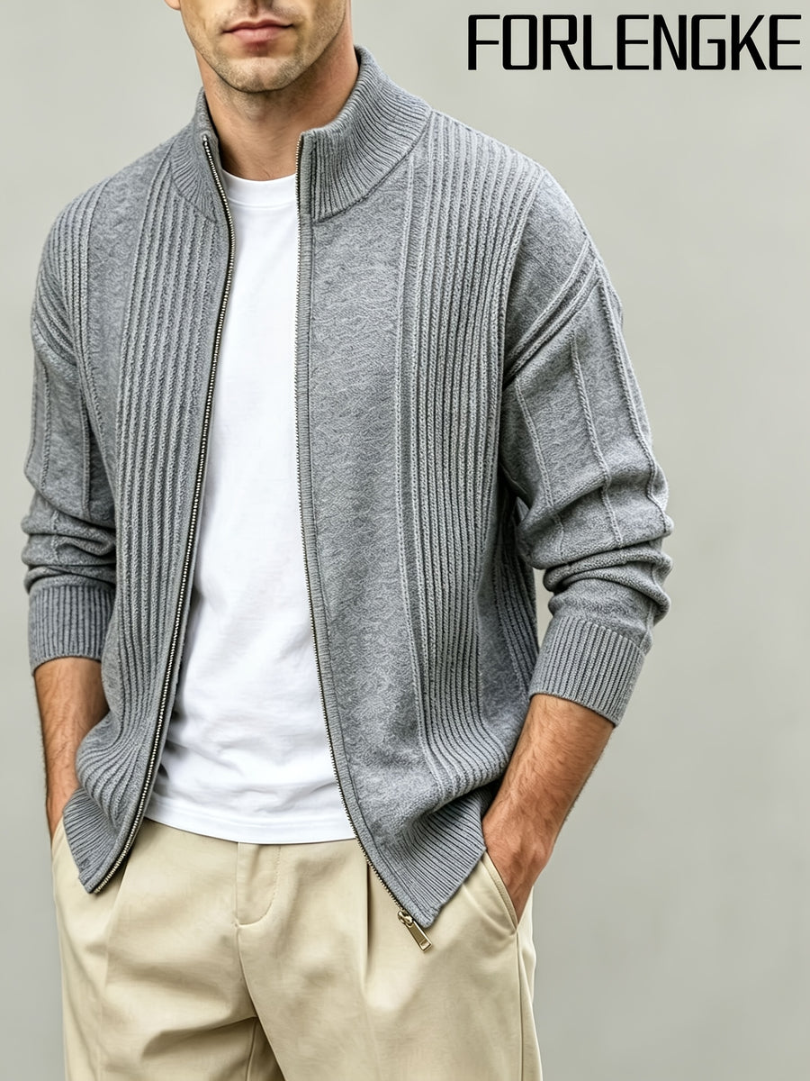 FORLENGKE Early Autumn New Arrival Men's Italian-Style Minimalist Formal Knit Stand Collar Cardigan, Zipper Open Front for Layering with Inner Wear, Autumn/Winter Golf, Casual, Office Commute, Shopping, Market Strolling, Daily Wear Top - Grey
