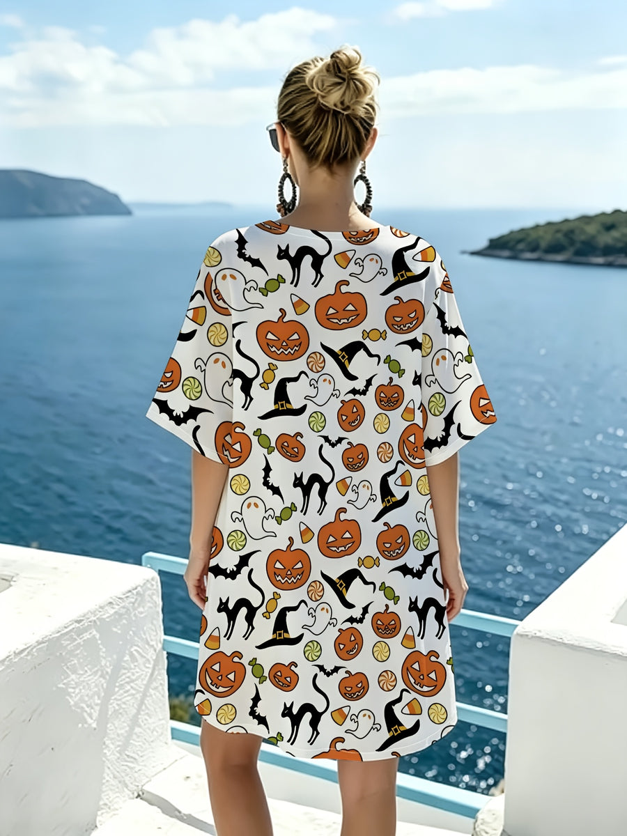 White V-neck Dress with Fun Halloween Patterns Featuring Pumpkins, Witch Hats, Black Cats, and Candy. The Refreshing Base Color Is Vibrant and Eye-catching, with Loose, Dropped-shoulder Short Sleeves for Comfort and Breathability - Mixed colors
