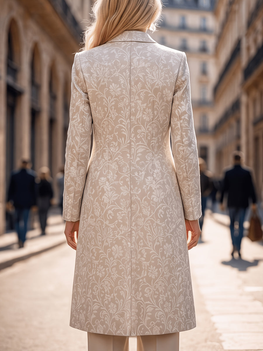 Women'S Spring Autumn New Vintage Printed Long Blazer, Double-Breasted Coat with Lining And Pockets - Milk Tea Color
