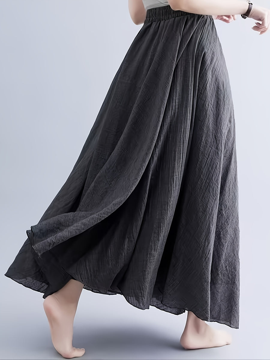 Solid Color Ethnic Style Literary Double-Layer Non-See-Through Midi Skirt for Women, Spring Summer Autumn Zen Style Long Dress with Wide Hem, High Waist Flowy - Dark Gray