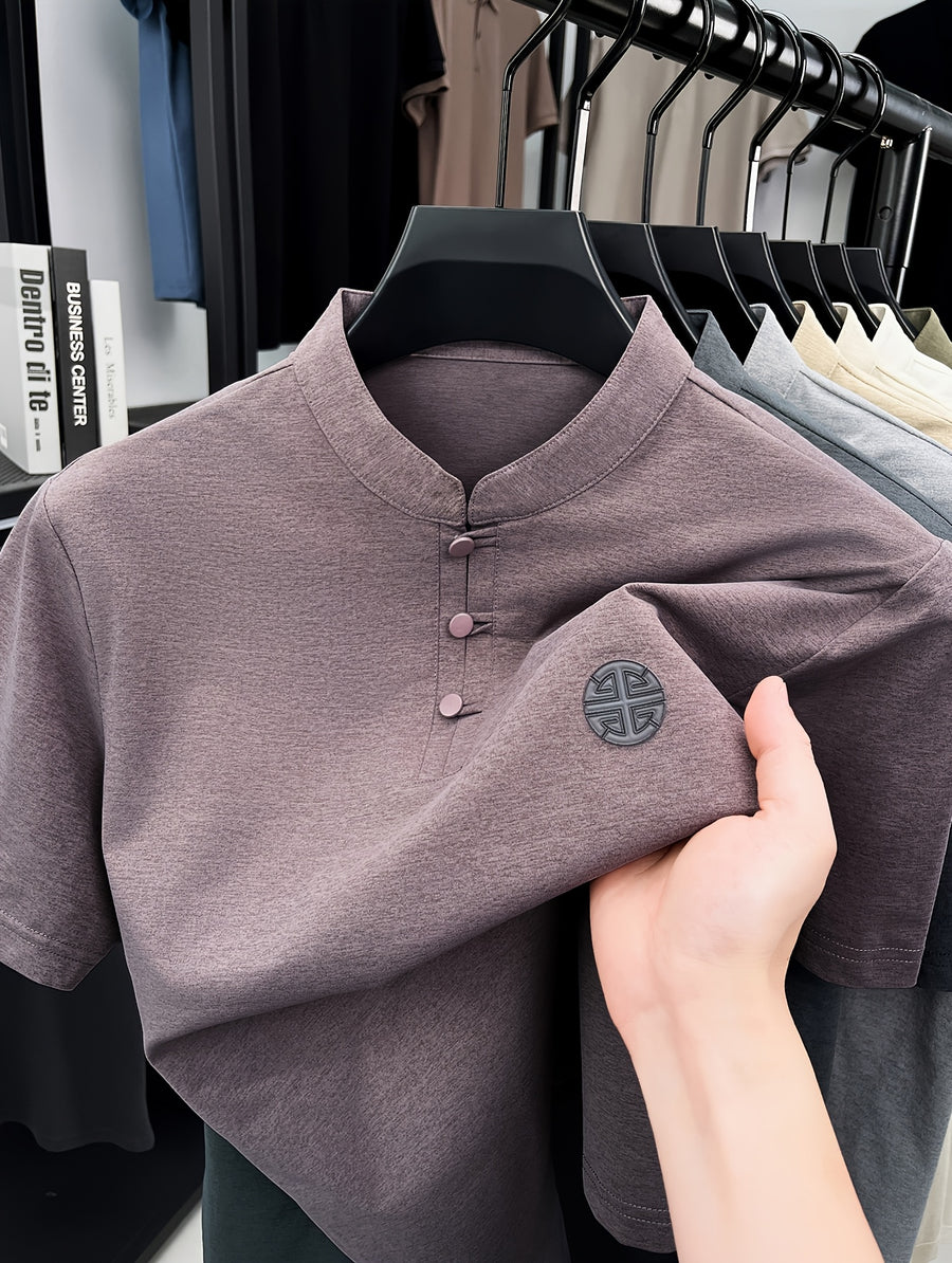 Men's Chinese Mandarin Button-Up Stand Collar T-Shirt - Breathable Loose Fit Short Sleeve Round Neck Top with Mandarin Collar, Suitable for Casual Wear, Traditional Chinese Style Button Collar Shirt - gray pink