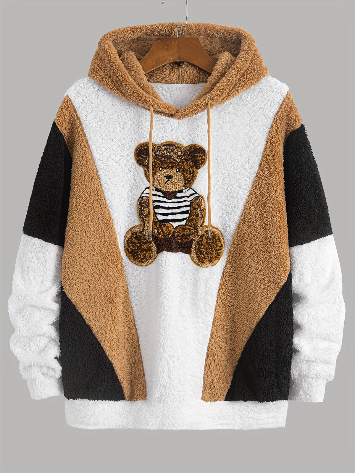 Men'S Bear Embroidered Hooded Plush Sweatshirt, National Trend Contrast Patchwork Thickened Warm Jacket, 3D Loose Winter -10°C Cold-Resistant Trendy Men'S Top - Khaki