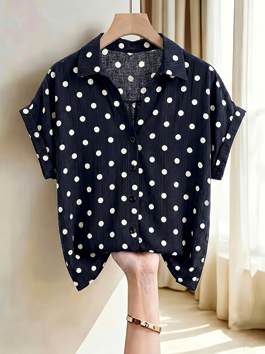 Women'S Elegant Easy Design V-Neck Puff Sleeve Lapel Short Sleeve Summer Shirt - Navy Color