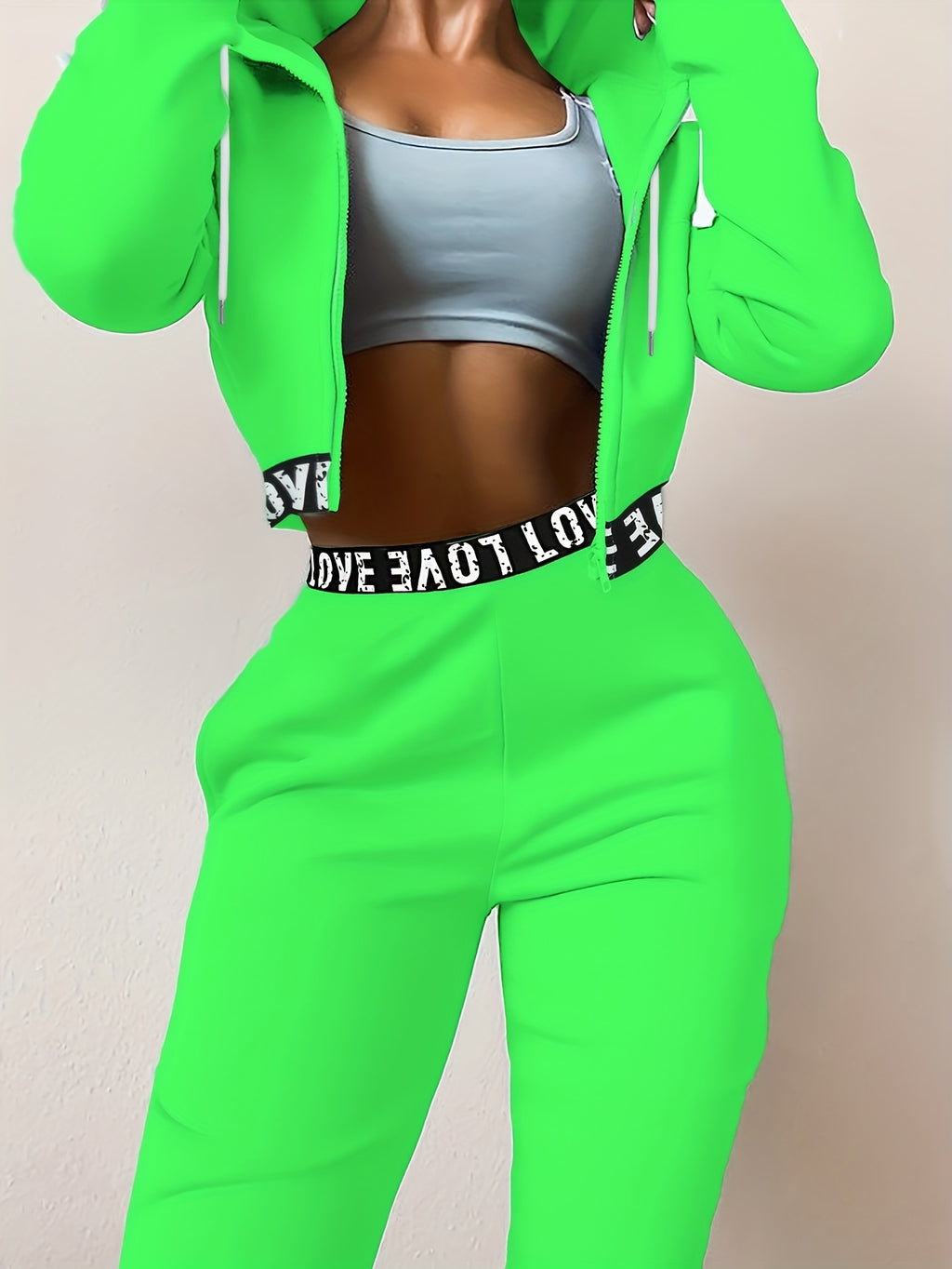 Women's 2pcs Set, Zipper and Hood Autumn/Winter Casual Women's Jacket + Pants, Regular Clothing, Daily Wear, Fashion Apparel, Stylish Swear, Soft Fabric, Comfortable Clothing, Matching Series, Women's Swear, Women's Collection - Fluorescent Green