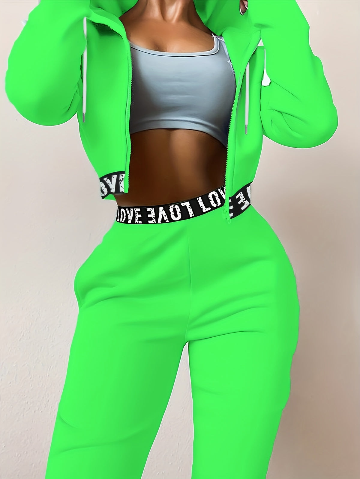 Women's 2pcs Set, Zipper and Hood Autumn/Winter Casual Women's Jacket + Pants, Regular Clothing, Daily Wear, Fashion Apparel, Stylish Swear, Soft Fabric, Comfortable Clothing, Matching Series, Women's Swear, Women's Collection - Fluorescent Green