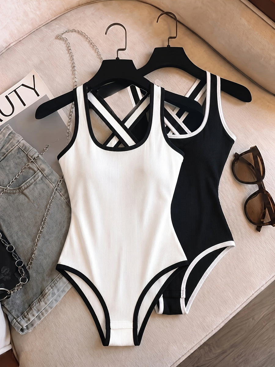2pcs Set, Summer New Tight Sexy Contrast Waist-Cinching Bodysuit Women'S Cross Back Diaper Cover, Stretch Sexy Beach Vacation Tight Top (Chest Pad Not Included) - Black+White
