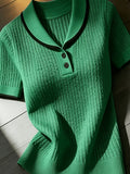 Women'S Summer Clothing Short Sleeve Solid Color Sweater, Lapel Hollow Out Design, Slim Fit Style Pullover, Spring Summer Season - Green