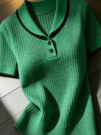 Women'S Summer Clothing Short Sleeve Solid Color Sweater, Lapel Hollow Out Design, Slim Fit Style Pullover, Spring Summer Season - Green