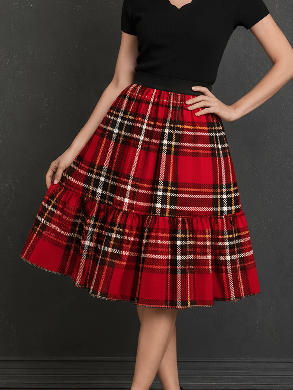 Elegant Party Casual Vacation Print Elastic Waist Red Plaid Print Skirt - Mixed colors