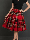 Elegant Party Casual Vacation Print Elastic Waist Red Plaid Print Skirt - Mixed colors