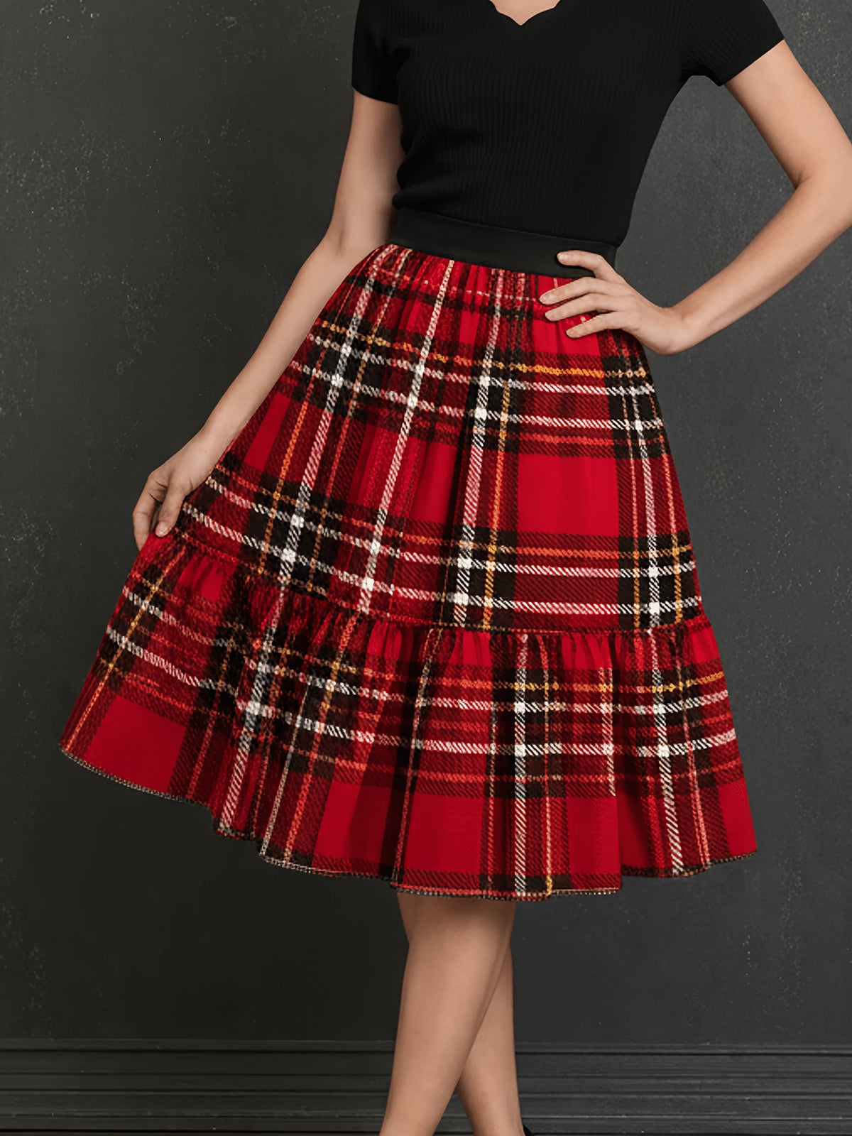 Elegant Party Casual Vacation Print Elastic Waist Red Plaid Print Skirt - Mixed colors