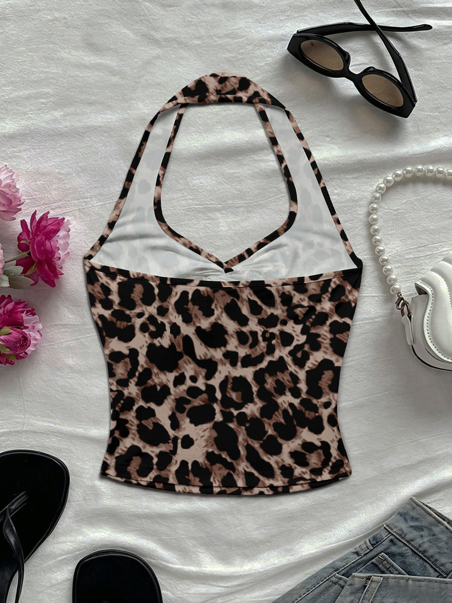 Women'S Spring/Summer New Arrival Daily/Dating/Vacation Casual Printed Twist Front Halter Neck Crop Top - Coffee Brown