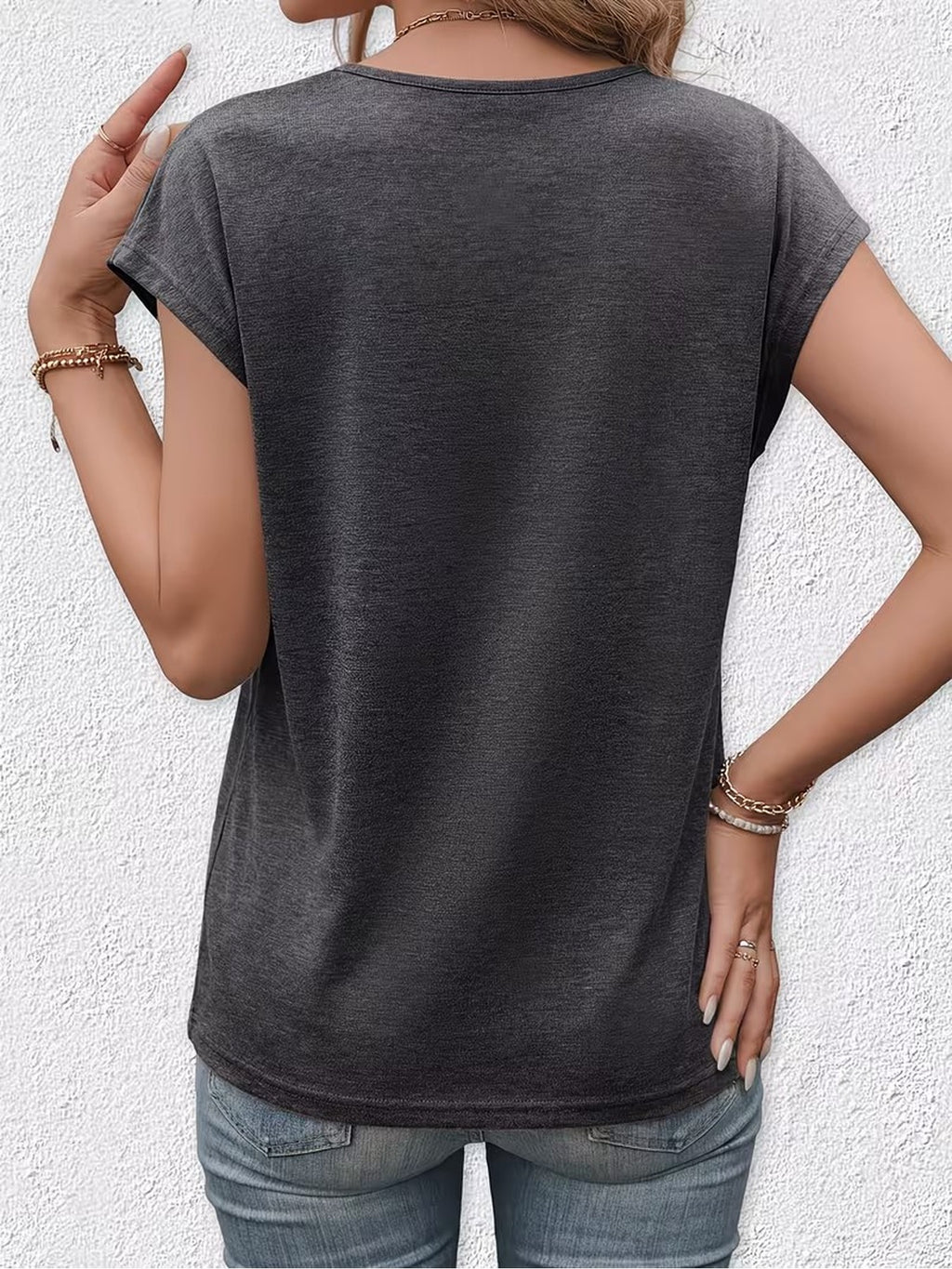 New Summer Women's V-Neck Fake Button Covered Sleeve T-Shirt, Solid Color Casual Top, Machine Washable - Suitable for Daily and Home Wear - Dark Gray