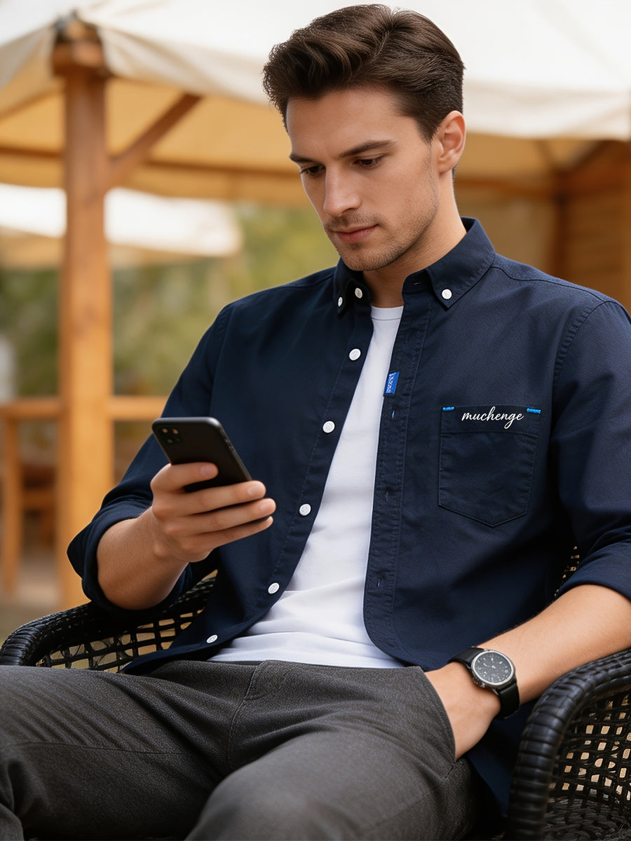 Spring/Autumn Men'S Oxford Cloth Collared Shirt, Individual Chest Print Long Sleeve Blouse, Slimming Outdoor Casual Top, Youth Versatile Commute Light Business Men'S Basic Shirt - Dark Blue