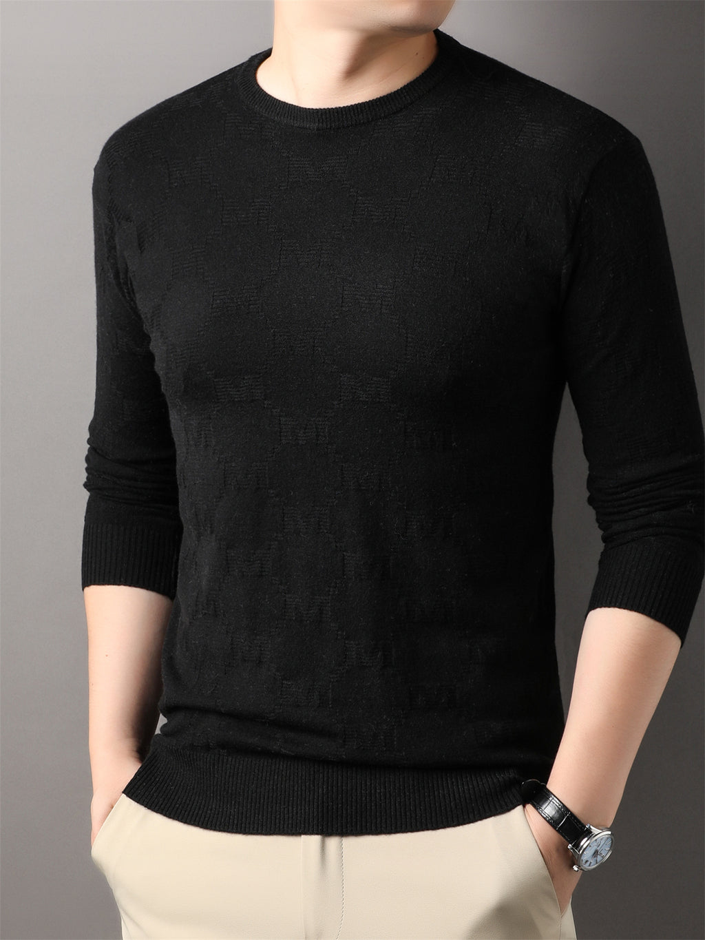 Autumn Winter Knit 3D Solid Round Neck Sweater, Basic Knit Pullover Top, Men'S Fashion Long Sleeve Sweater, Mon-J - Black