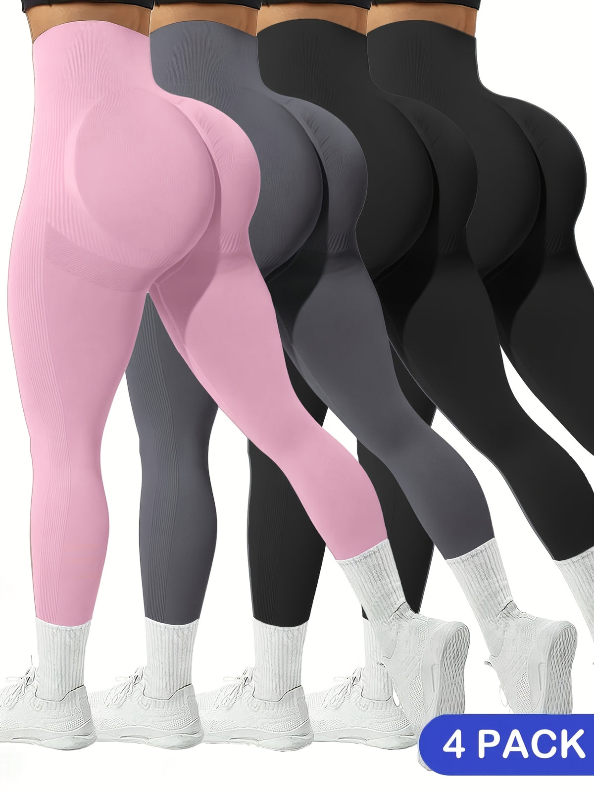 4-Pack Women'S Autumn Winter High-Waist Seamless -Lifting Yoga Leggings, Solid Color Athletic Fitness Tight Pants, -Lifting Pleated Yoga Shorts for Fitness, Yoga Training Long Pants, Sports Running Training Wearable Tight Pants - Pink+Gray+Black+Black