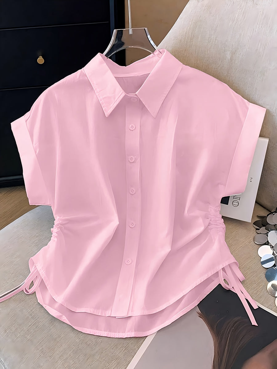 Women's Casual Short-Sleeve Single-Breasted Button-Up Short Shirt with Drawstring, Simple Loose Fit Top for Outings and Commuting, Suitable for Summer - Pink 2