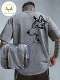 Men'S 100% Washed, Wolf King Print Pattern Retro Round Neck T-Shirt, Casual All-Match Loose Summer Short Sleeve T-Shirt, Daily Wear - Grey White