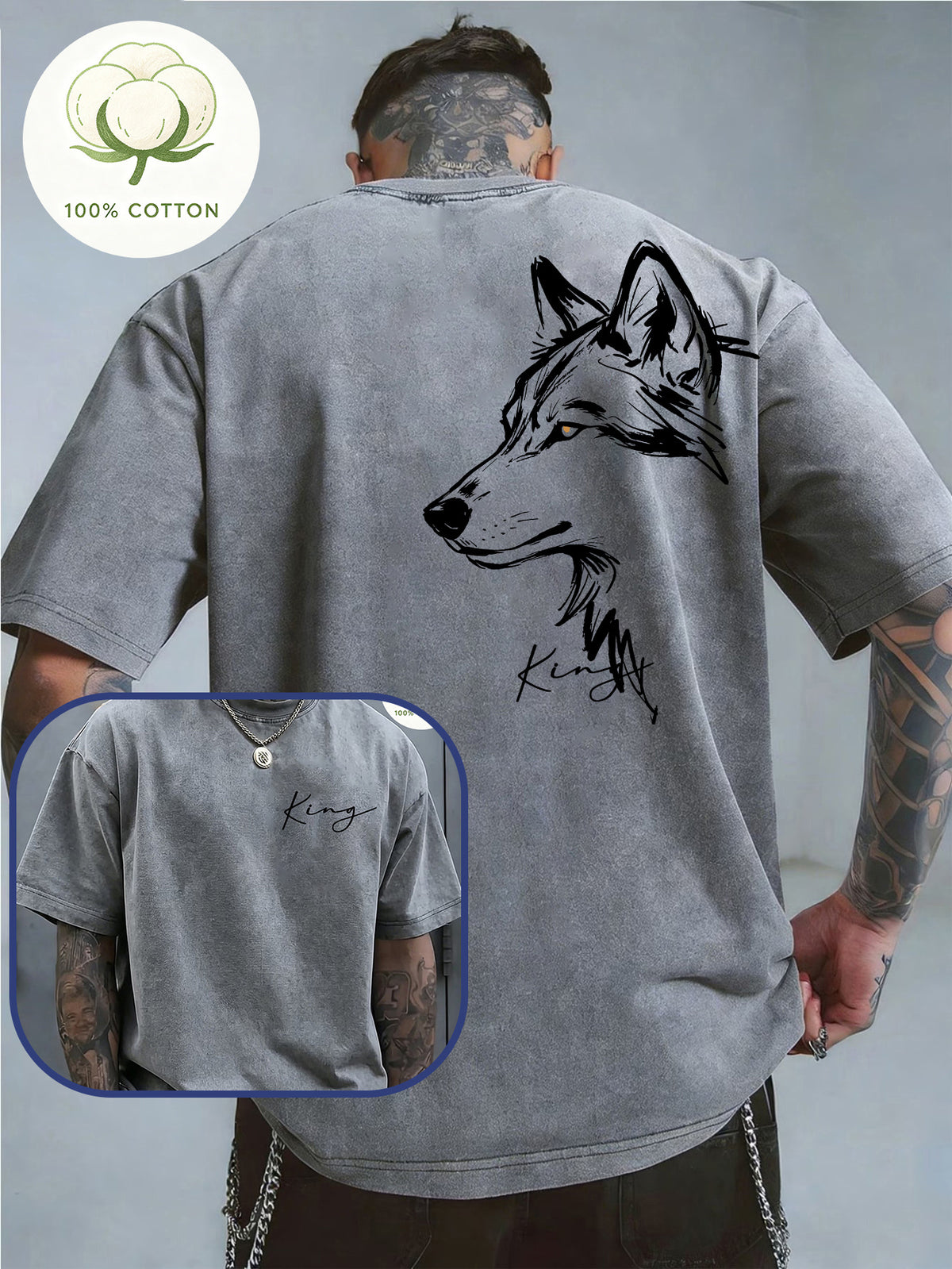 Men'S 100% Washed, Wolf King Print Pattern Retro Round Neck T-Shirt, Casual All-Match Loose Summer Short Sleeve T-Shirt, Daily Wear - Grey White