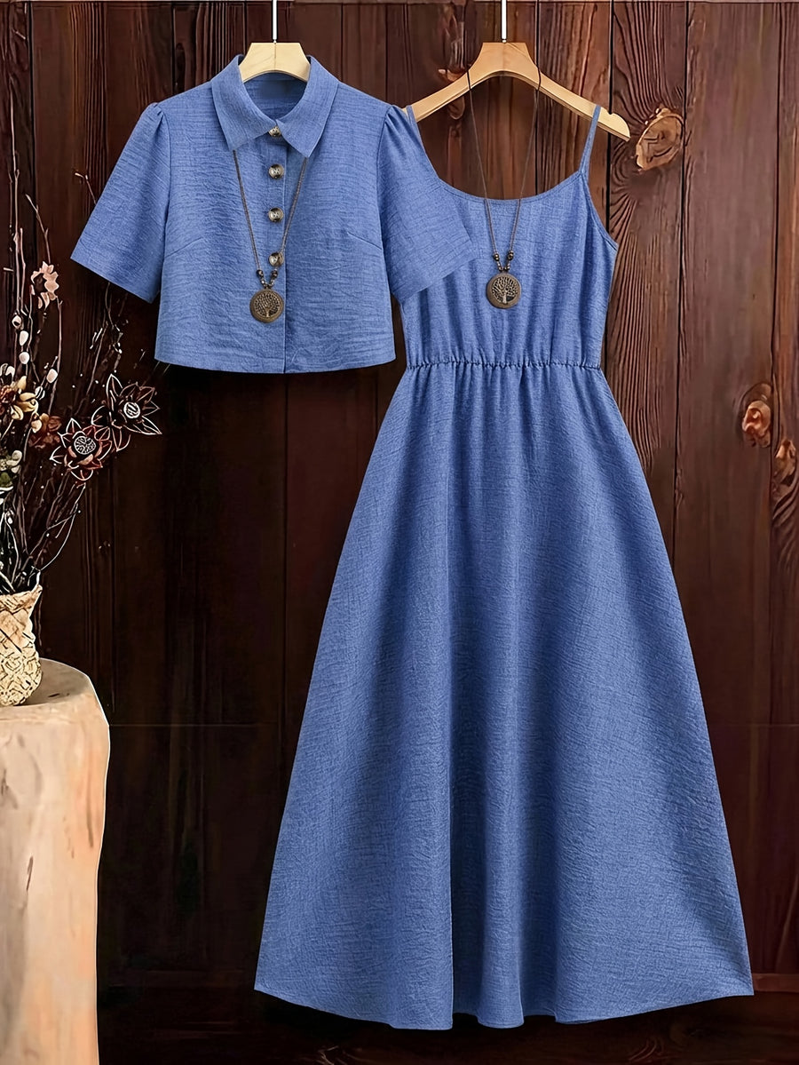 Women's New Elegant Shirt and Slip Dress 2pcs Set, Suitable for Commuting and Various Occasions, Vacation Wear - Blue