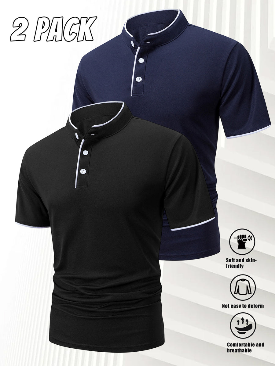 2-Pc Men'S Summer Short-Sleeve Polo Shirts, Multi-Pc T-Shirts Knit Breathable Quick-Dry, Solid Color Regular Fit Anti-Pilling, Polo Collar with Buttons, Outdoor Sports Golf - Black+Navy Blue
