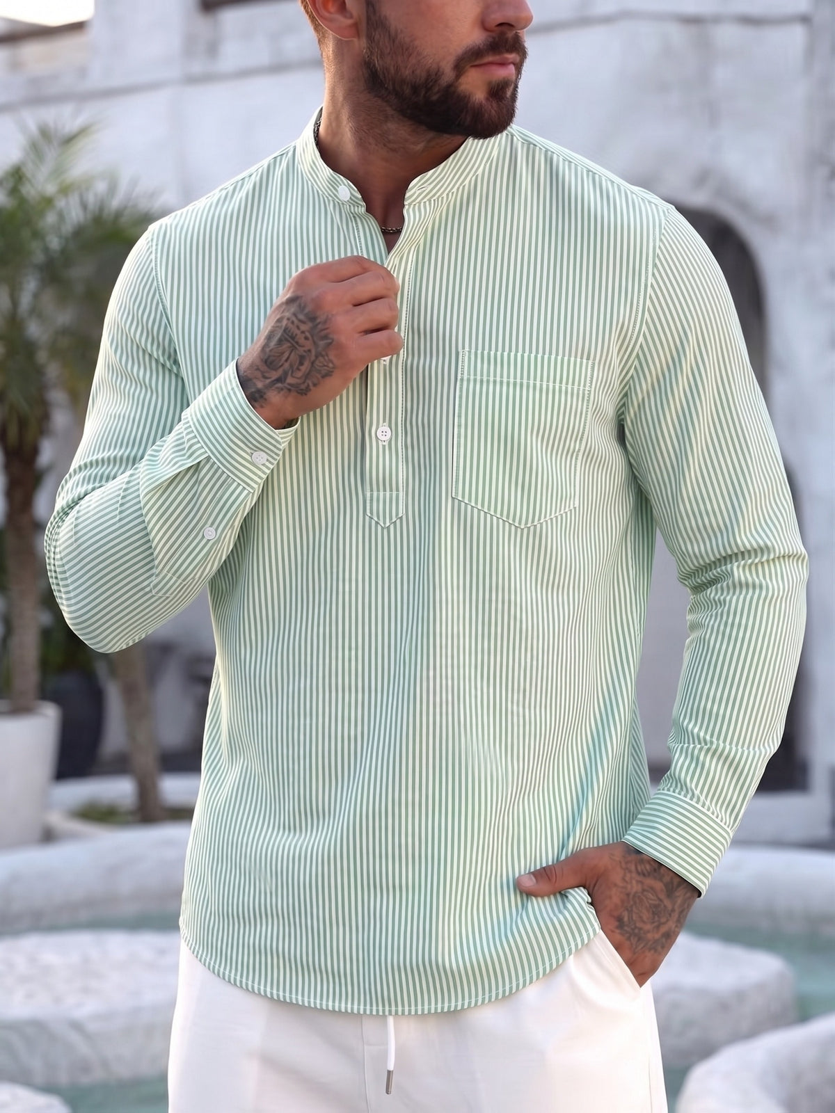 Men'S Stand Collar Striped Long Sleeve Half Placket Shirt, Comfortable Breathable Casual Daily Wear Summer Top for Daily & Vacation - Light Green