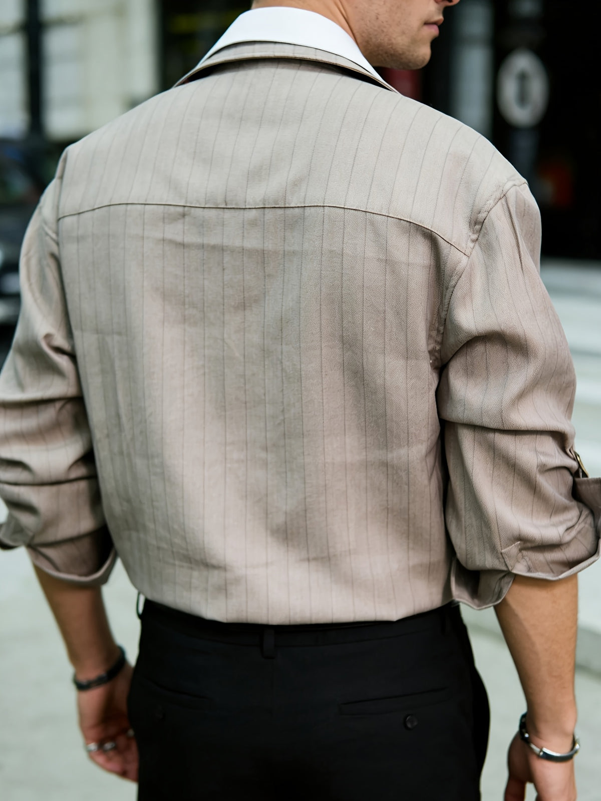 Men's Casual Striped 2-in-1 Look Shirt with Lapel Collar, Button-Up, Long Sleeves, and Rolled Hem Top for Business, Daily, and Street Fashion - Khaki