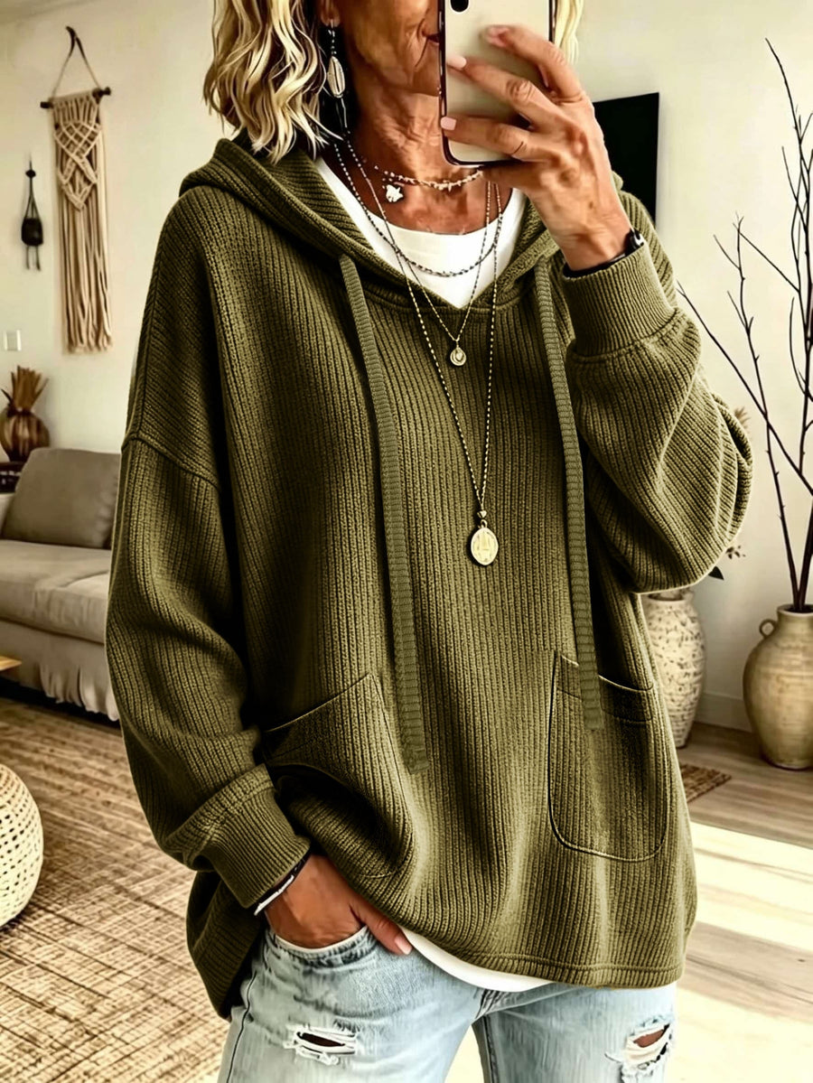 Plus Size - Western New Autumn Winter Solid Color Lapel Long Sleeve Pocket Drawstring Hooded Sweatshirt - Olive Green