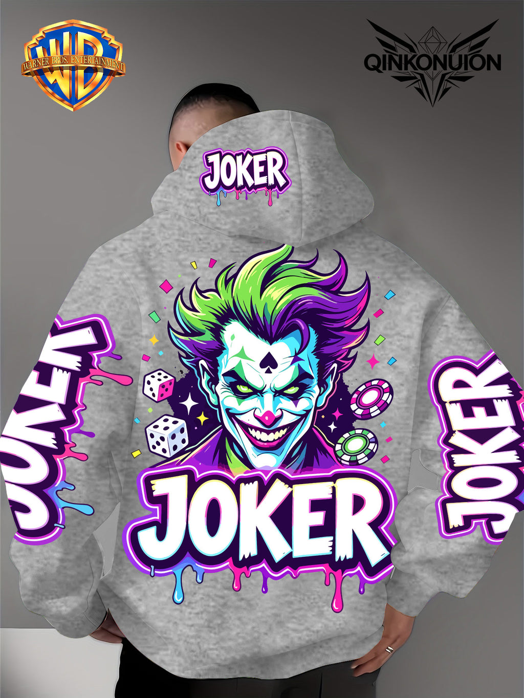 Warner Official Men'S Hoodie, Neon Clown Avatar Chess And Card Graffiti Trendy Print Design, Machine Washable, Warm And Casual for Autumn And Winter, Daily Drawstring Hoodie, Multi-Functional Sports And Leisure Loose Version - Light Grey