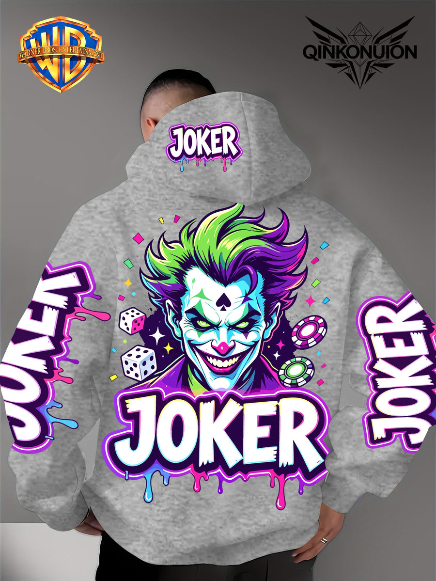 Warner Official Men'S Hoodie, Neon Clown Avatar Chess And Card Graffiti Trendy Print Design, Machine Washable, Warm And Casual for Autumn And Winter, Daily Drawstring Hoodie, Multi-Functional Sports And Leisure Loose Version - Light Grey