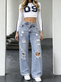 Women's All-Season Casual Loose-Fit Versatile Light Blue Ripped Straight-Leg Jeans - Light Blue