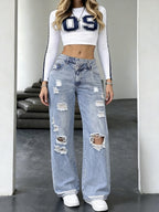 Women's All-Season Casual Loose-Fit Versatile Light Blue Ripped Straight-Leg Jeans - Light Blue