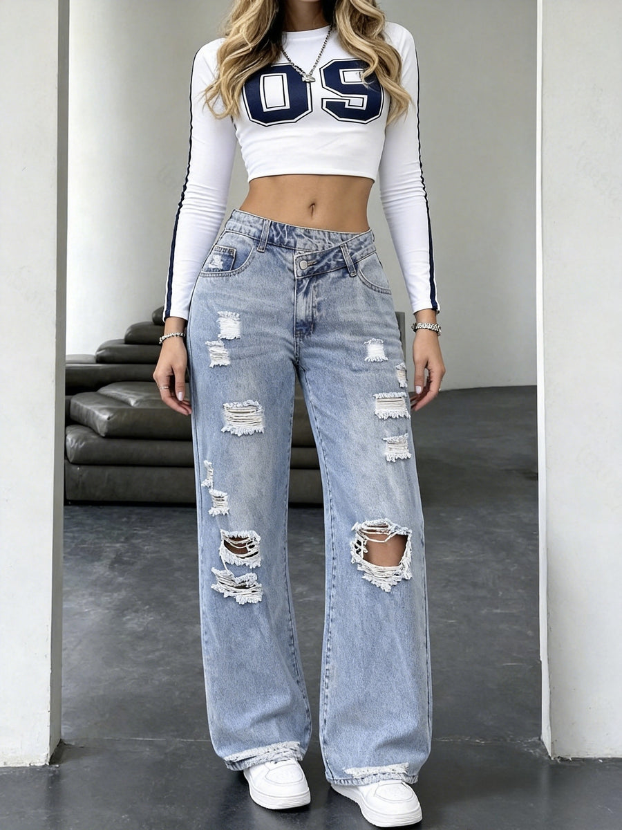 Women's All-Season Casual Loose-Fit Versatile Light Blue Ripped Straight-Leg Jeans - Light Blue