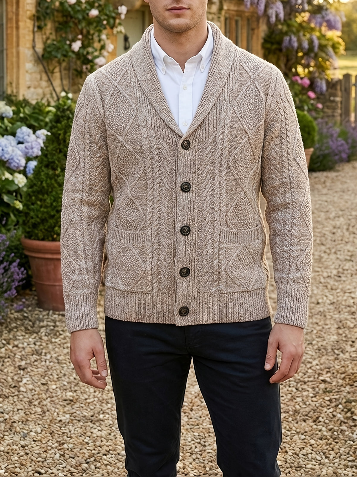 Men's Knitted Cardigan Button-Up Knit Outerwear, Fashionable Casual Sporty Knitted Long-Sleeve Autumn/Winter Thickened Warm Knitted Garment, Cable Knit Construction, Casual Style Sweater with Button-Up Cardigan, Long Sleeves, Regular Fit - Camel