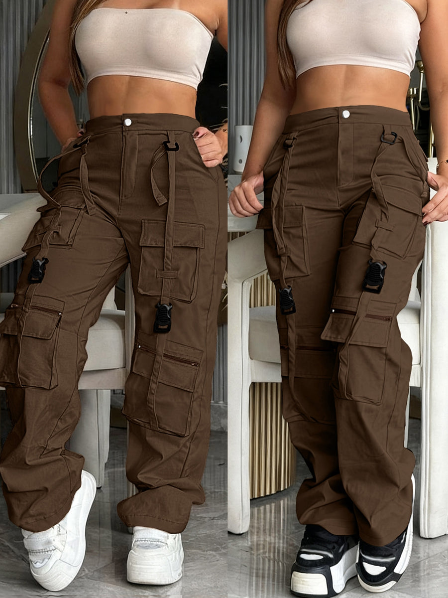Multi-Pocket Cargo Pants, Retro Straight Wide-Leg Casual Trousers, Fashionable Trendy for Outings And Home - Dark Brown