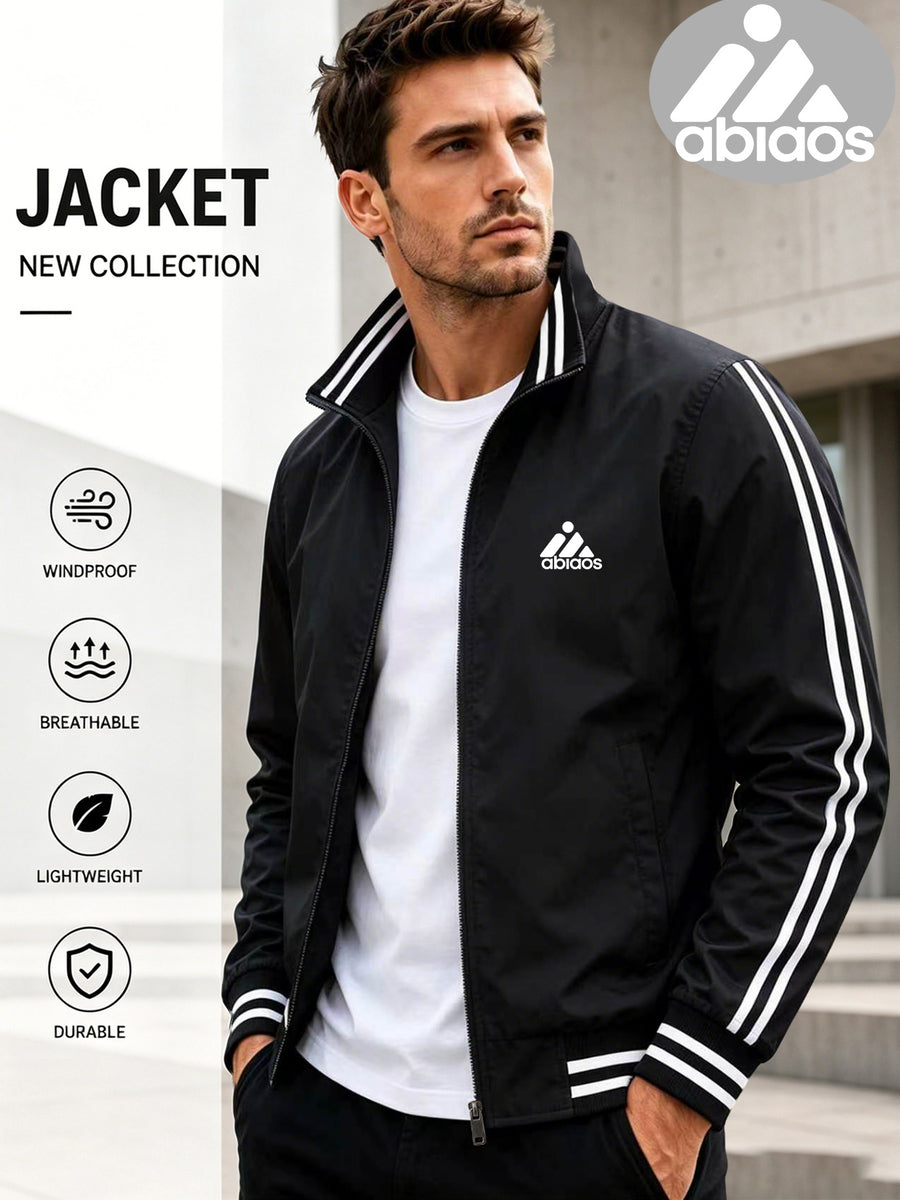 Back-to-School Couple's Trendy Pattern Letter "i" Print Stand Collar Jacket, Unisex High-Quality Ribbed and Double-Bar Design, Available in 8 Colors, Fashionable Jacket Top for Spring/Autumn Outdoor Sports, Cycling, Walking, Hiking, and Preppy Style - Black