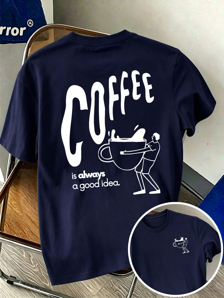 Men'S 100% T-Shirt, Coffee Character Print, Soft Breathable Comfortable Casual, All-Season Daily Commute - Navy blue color