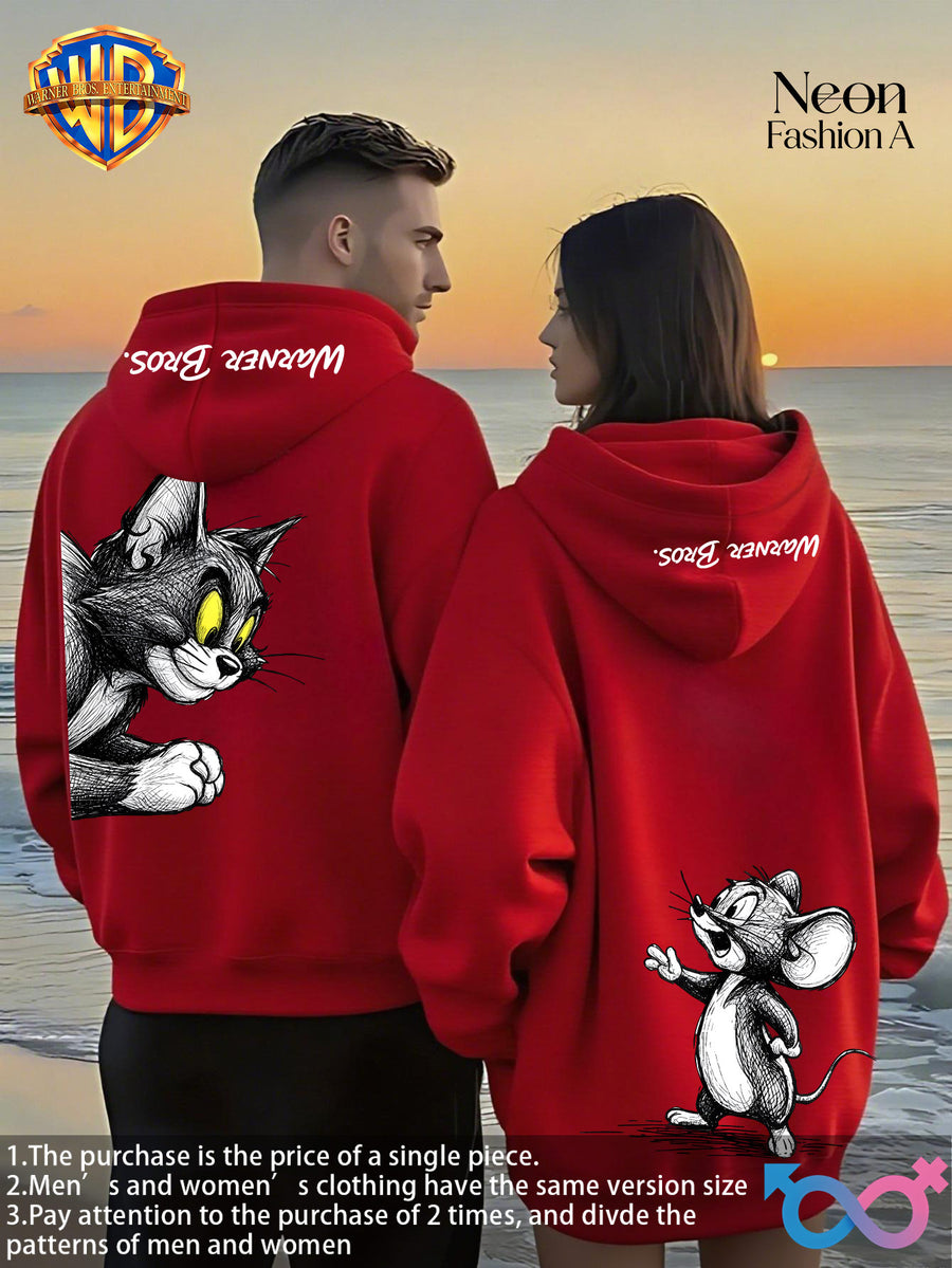 1pc Warner Bros. Cartoon Classic Couple's Sweatshirt, Unisex Long-Sleeve Top with Playful WB Anime Character Action Print on the Back, Trendy, Fashionable, Versatile, Streetwear, Comfortable, and Casual Outerwear, Chinese National Trend - Men's - Red