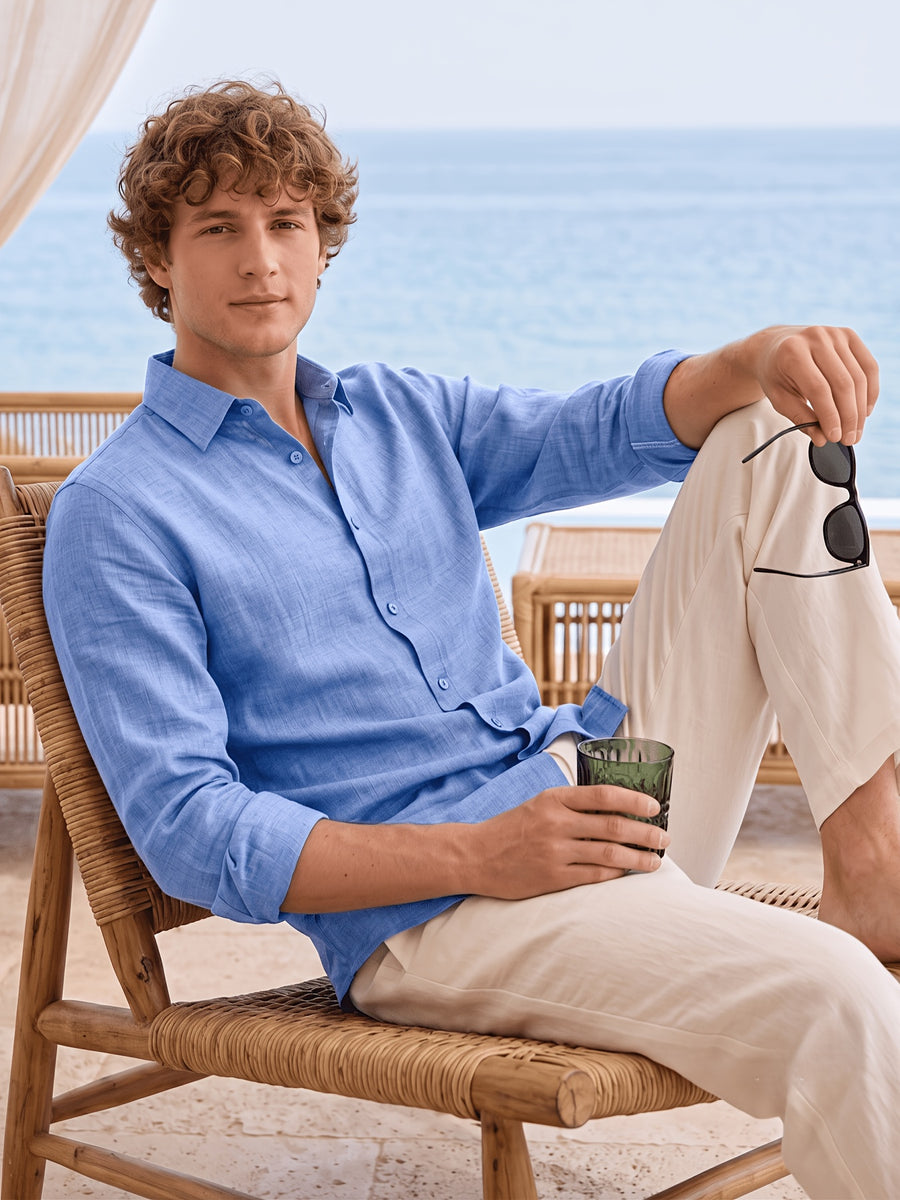 Men'S Anti-Moth Long-Sleeved Square-Neck Shirt, Lightweight And Breathable Solid Color Business-Casual Shirt, Loose-Fitting All-Match Basic Shirt for Spring And Summer Commuting And Vacation. Available in Multiple Colors - Light Blue