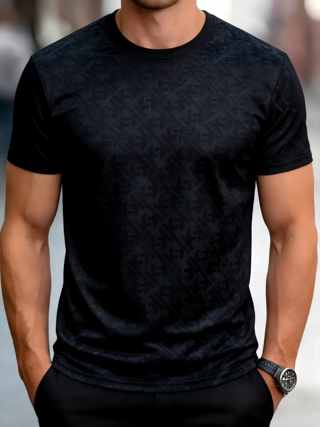 [Printed Design – Not Textured] Premium Jacquard Men'S Summer Round Neck Short Sleeve, Business Casual Top, 1pc Charming Gift 1pc Perfect Present - Mixed colors