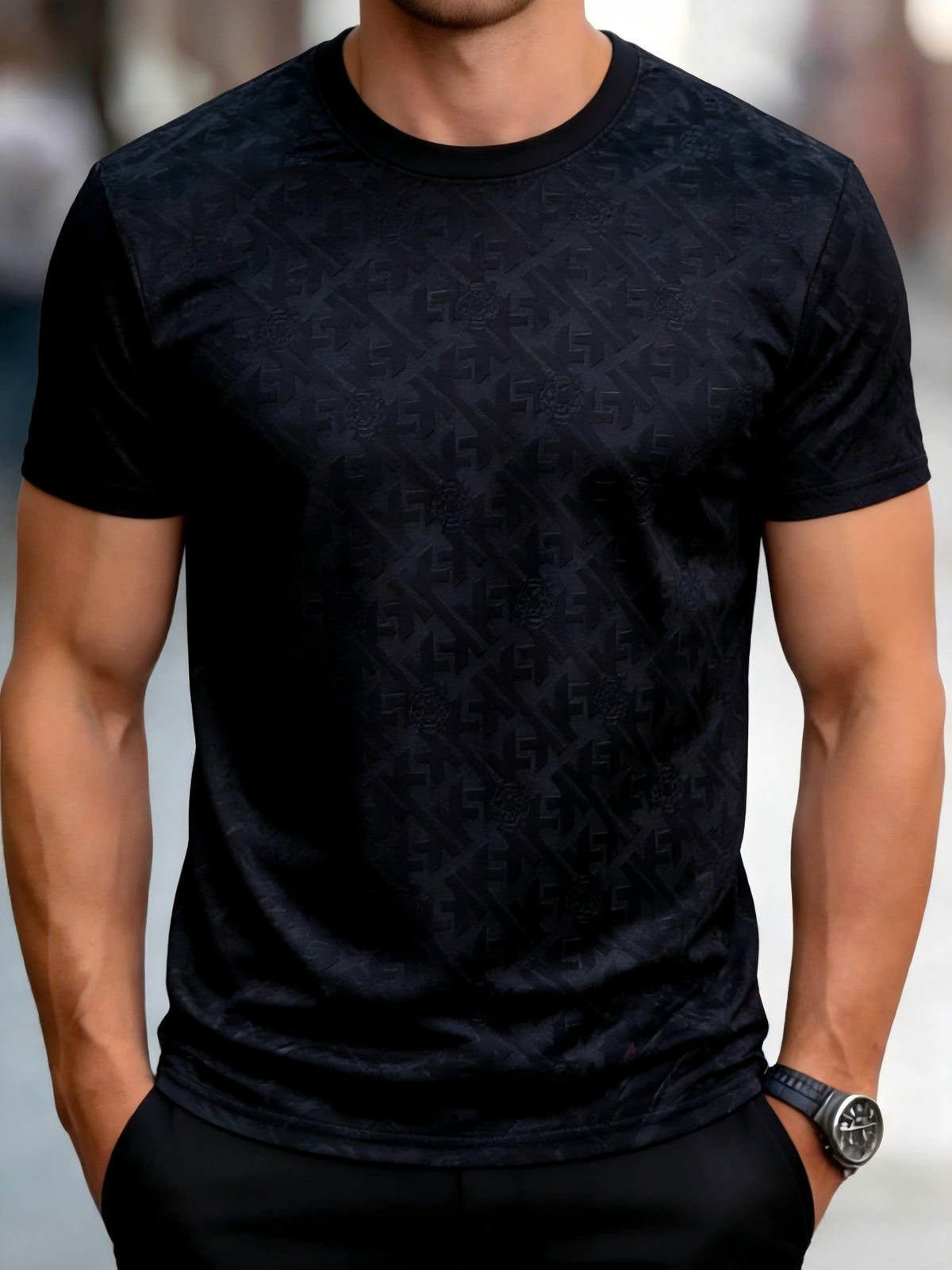 [Printed Design – Not Textured] Premium Jacquard Men'S Summer Round Neck Short Sleeve, Business Casual Top, 1pc Charming Gift 1pc Perfect Present - Mixed colors